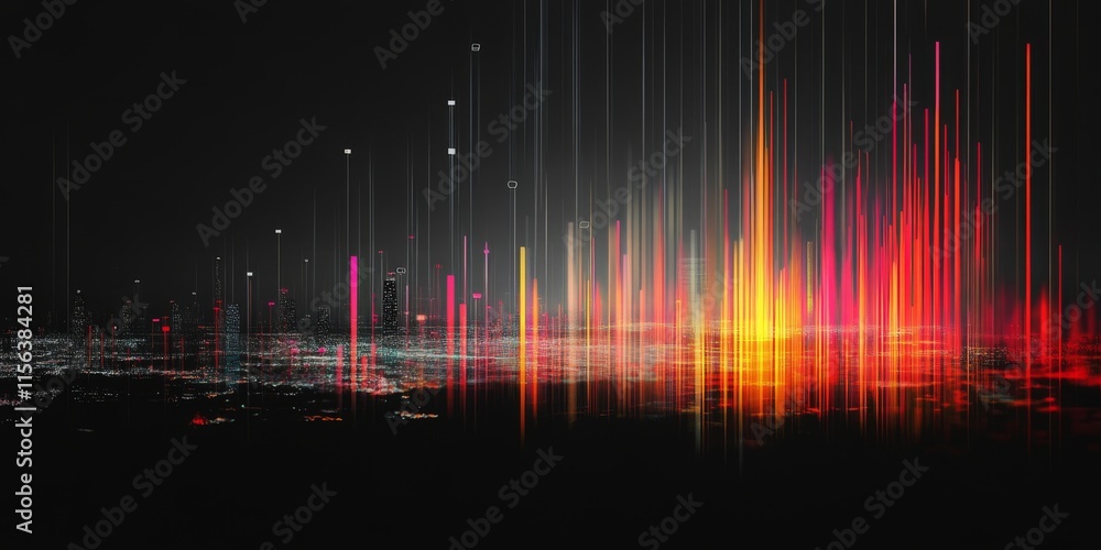 Poster a city skyline with a red and orange line in the background. the line is a representation of a sound