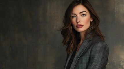 Fototapeta premium Elegant Female Businesswoman Posing in Tailored Suit Against Neutral Background