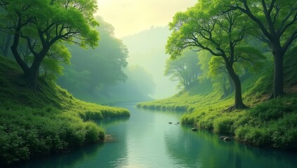 Serene River Flows Through Lush Green Forested Valley