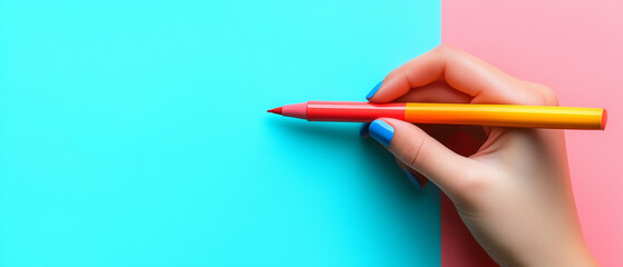 Woman's Hand Holding Colorful Marker Pen on Pastel Background.