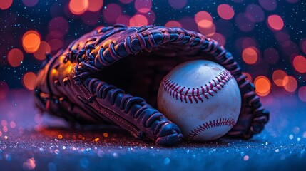 Naklejka premium Baseball in leather glove on sparkling surface.