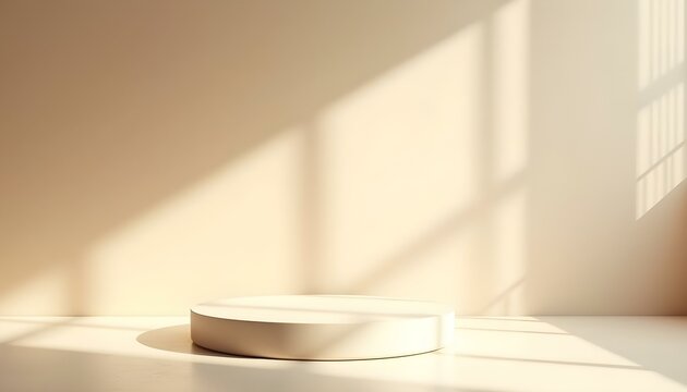 Fondo de podio beige claro para exhibici&oacute;n de productos en interior con luz solar y sombras en pared de concreto