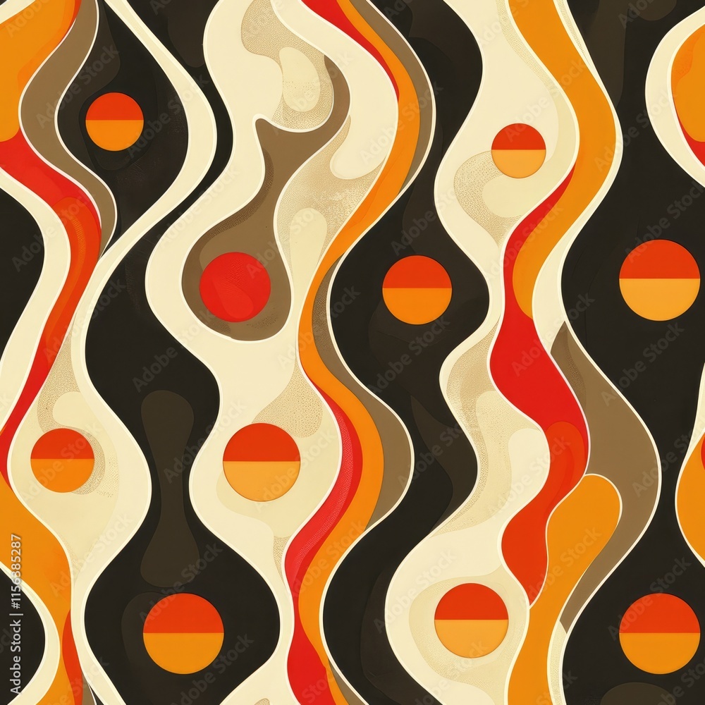 Poster abstract pattern featuring wavy lines and circular shapes in warm colors.