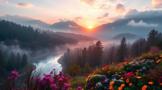 Spring Forest Mountain River in Sunrise