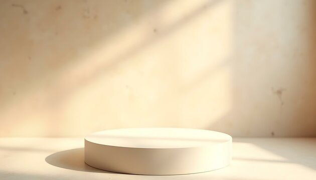 Fondo de podio beige claro para exhibici&oacute;n de productos en interior con luz solar y sombras en pared de concreto