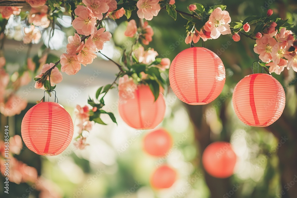 Poster pink lanterns hanging from a tree with pink flowers. the lanterns are red and are hanging from the b