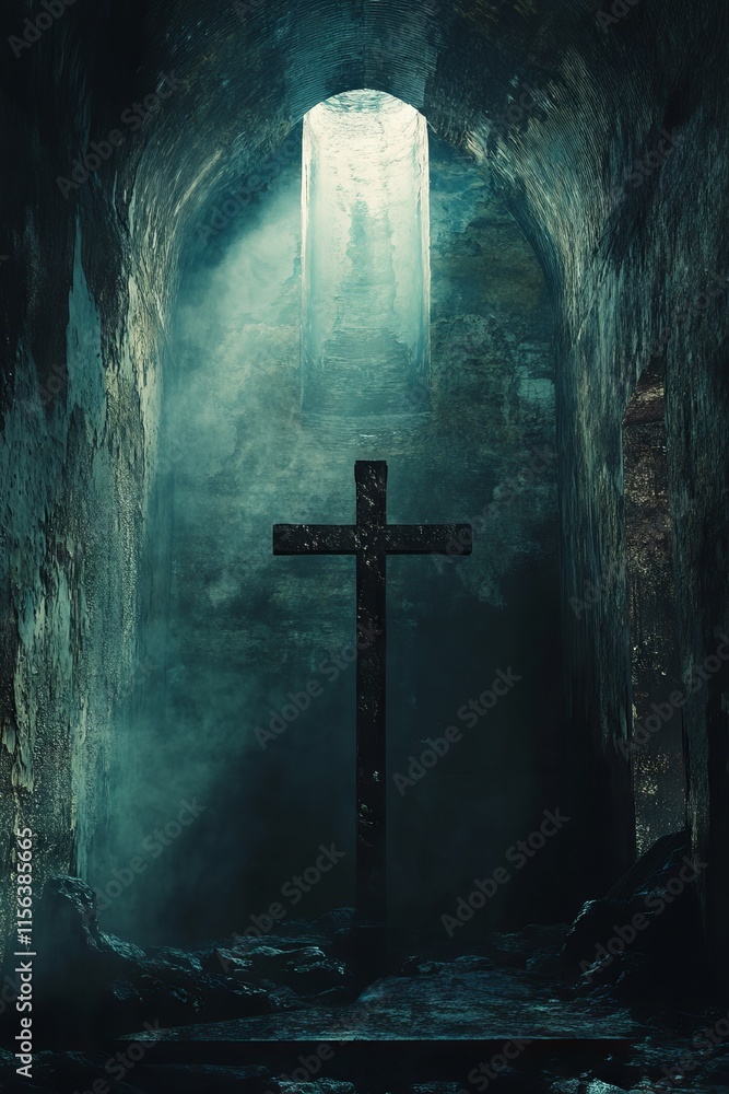 Poster a dark, gloomy cave with a cross in the middle. the light shining through the window casts a shadow 