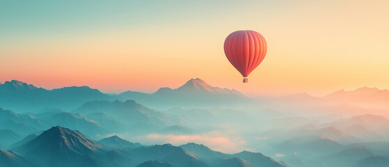 Obraz premium Hot Air Balloon Over Misty Mountains at Sunrise.