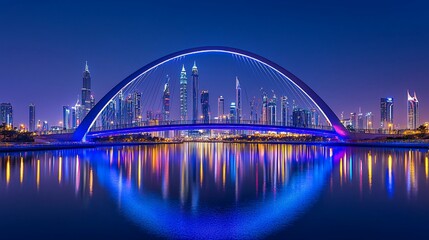 Obraz premium Illuminated bridge over calm water reflecting city skyline at night.