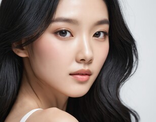 Obraz premium Portrait of a beautiful young Asian woman with fresh clean skin and long thick black hair
