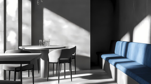Sleek dining space featuring a concrete table with blue seating options. Silken. Illustration