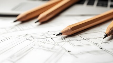 Pencils Resting on Architectural Drawings and Laptop
