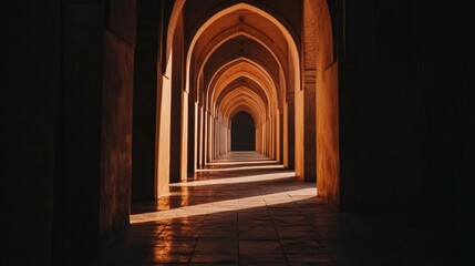Fototapeta premium A long hallway with arched doorways. The light is shining on the floor. The floor is made of stone