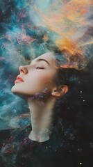 Woman in a Cosmic Dream. Concept of imagination, spirituality, and the universe.