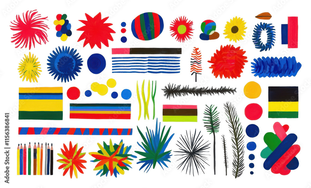 Aufkleber colorful abstract shapes and patterns studio setting graphic design vibrant environment top-down vie