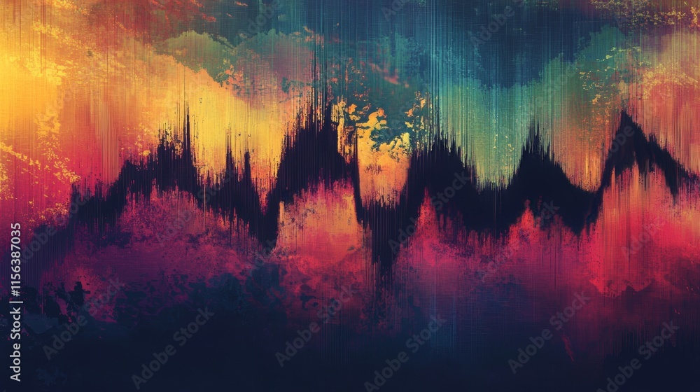 Poster a vivid abstract digital artwork featuring colorful soundwave patterns with dynamic brush strokes an