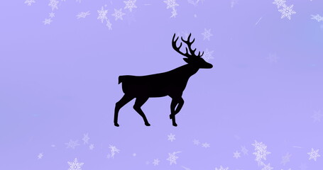 Black silhouette of reindeer walking over snowflakes falling against purple background