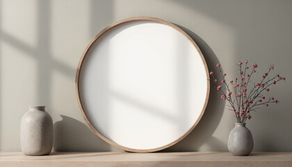 Circular blank frame on a wooden shelf with vases and flowers for modern interior decor ideas