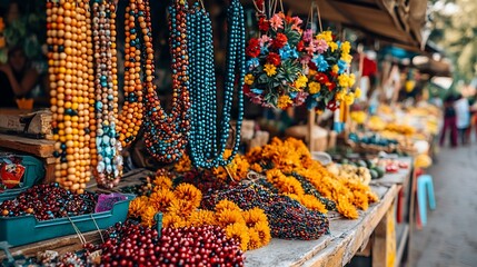 Colorful beaded necklaces and flower wreaths displayed at a market stall.