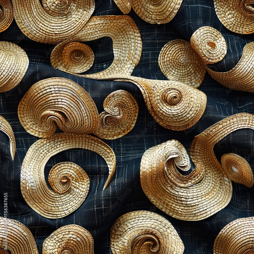 Poster a textured pattern of spiraling golden shells on a dark fabric background.