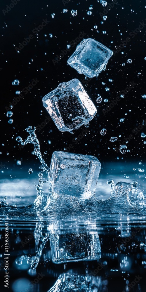 Poster three ice cubes are floating in the water. the water is splashing and the ice cubes are falling