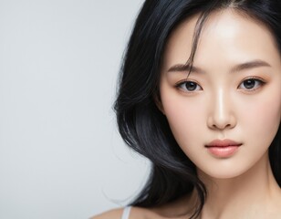 Fototapeta premium Portrait of a beautiful young Asian woman with fresh clean skin and long thick black hair