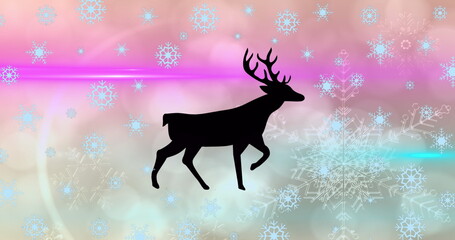 Image of lens flare, reindeer walking with blue and white snowflakes against gradient background