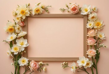 Fototapeta premium Wooden Frame Adorned With Daffodils And Roses
