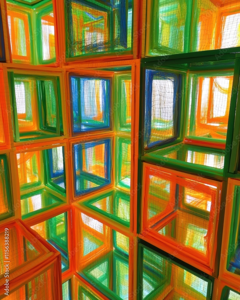 Poster colorful abstract display of geometric box structure in bright colors