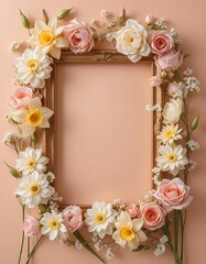 Floral Frame Encircles Pastel Roses and Daffodils