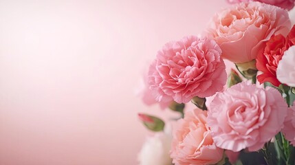 Fototapeta premium Pastel floral concept. A beautiful arrangement of pink and white carnations on a soft pastel background.