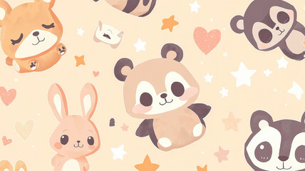A light peach background features kawaii-style bears, bunnies, and raccoons with oversized eyes, surrounded by cute stars and hearts, creating a warm, cozy vibe perfect for adorable designs.