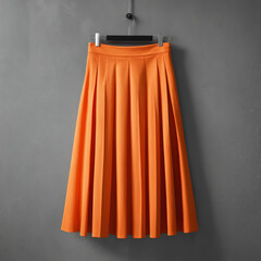 Mockup, a bright orange pleated midi skirt hanging on a gray wall background, Ai generated images