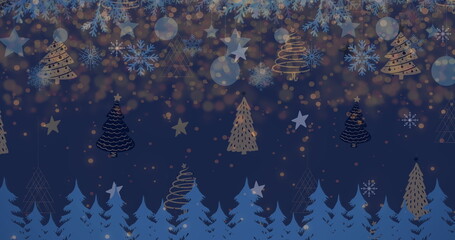 Fototapeta premium Image of snow falling over christmas trees and stars in winter scenery