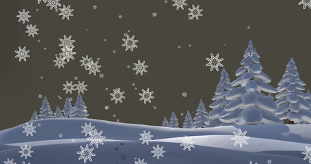 Image of snowflakes falling over winter landscape against copy space on grey background