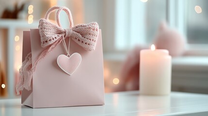 A soft blush-toned gift bag with no embellishments except a simple heart-shaped tag, placed on a clean white desk with a candle in the background, valentine themed background, love relationship