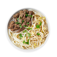 Soup with beef and noodles, on a white background, isolated. Top view.