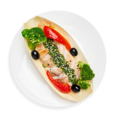 Chicken breast with broccoli and bell pepper, on a white background, isolated. Top view.