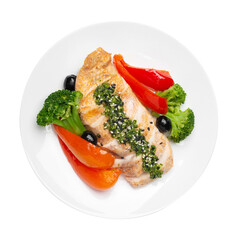 Chicken breast with broccoli and bell pepper, on a white background, isolated. Top view.