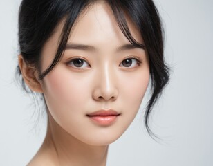 Fototapeta premium Portrait of a beautiful young Asian woman with fresh clean skin and thick black hair