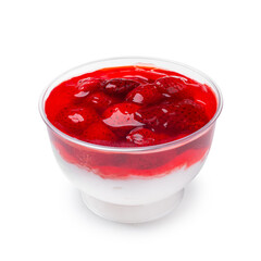 Strawberry dessert in a plastic cup, on a white background, isolated.