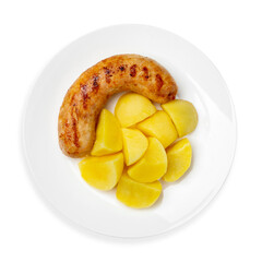 Grilled meat sausage with boiled potatoes, on a white background, isolated. Top view.