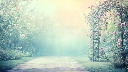Serene Rose Garden Path Misty Morning Floral Archway Spring Blooms Romantic Background