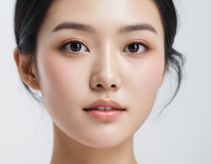 Fototapeta premium Portrait of a beautiful young Asian woman with fresh clean skin and long thick black hair