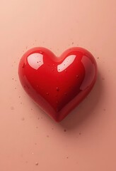 Fototapeta premium Glossy Red Heart on Peach Background with Droplets