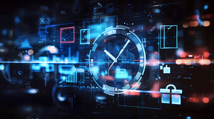 Futuristic digital interface displaying time and data overlays in vivid colors