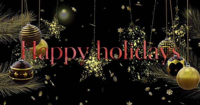 Image of happy holidays text with baubles and stars hanging over lens flare on black background - Powered by Adobe