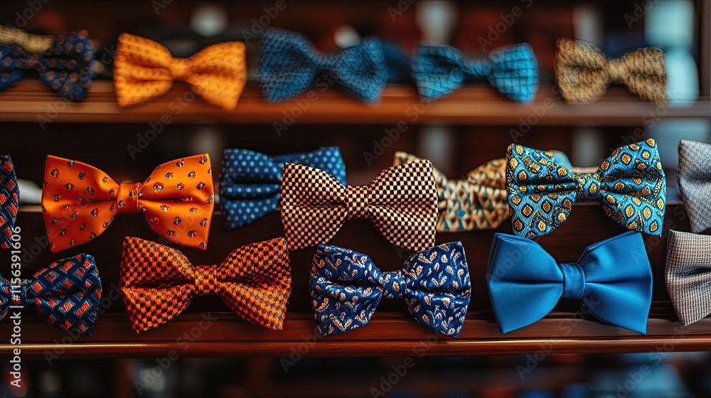 Poster a display of patterned bow ties in vibrant colors, organized by pattern on a polished counter
