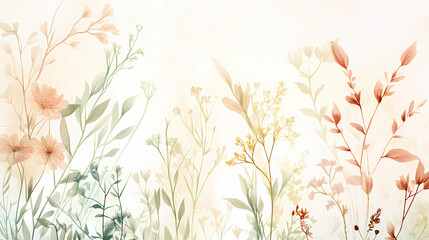 Ethereal silken tapestry featuring delicate botanical illustrations in soft pastel hues against a creamy white background with a subtle gradient effect. Silken. Illustration