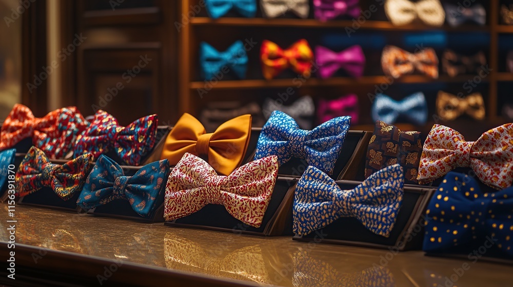 Poster a display of patterned bow ties in vibrant colors, organized by pattern on a polished counter